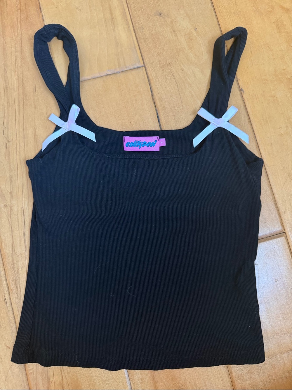 Edikted Black Ribbed Camisole with White Bow Straps